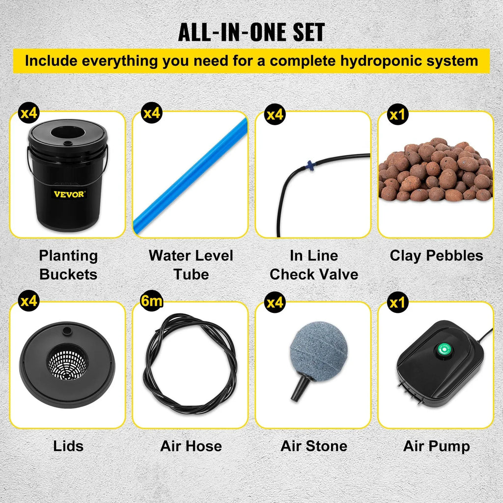 VEVOR DWC Hydroponic Grow Kit, 5-Gallon, 4-Bucket System with Pump, Air Stone & aqua Level Indicator for Indoor/Outdoor Leafy Vegetables