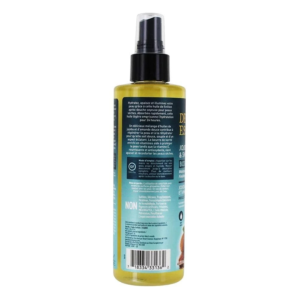 '- Gluten-Free, Vegan, Cruelty Free - 24Hour Moisture, Soothes Skin, Perfect For Sensitive Skin, Illuminating Body Spray. Oz. Desert Essence, Jojoba & Sweet Almond Body Oil Spray, 8.28 Fl