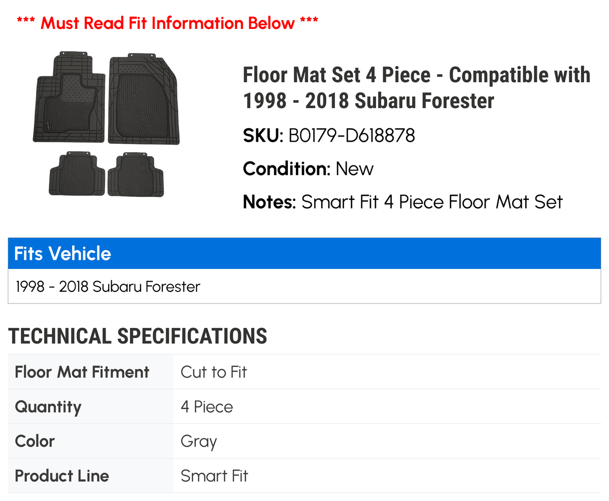 Floor Mat Set 4 Piece - suitable with 1998 - 2018 Subaru Forester 1999 2000 2001 2002 2003 2004 2005 2006 2007 2008 2009 2010 2011 2012 2013 2014 2015 2016 2017
