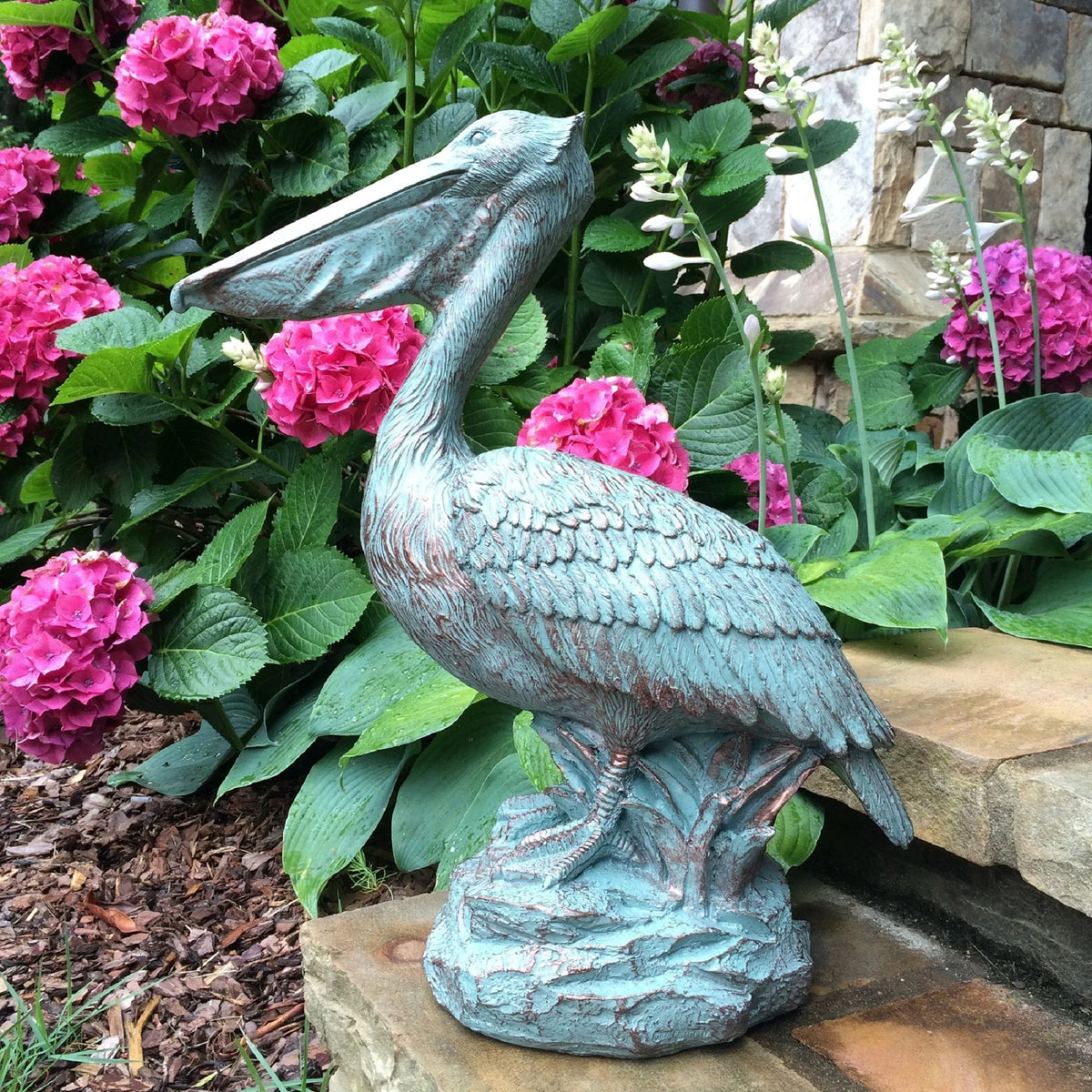 Bronze Patina Pelican on Coastal Rock Nautical Beach Statue. Homestyles 20 in
