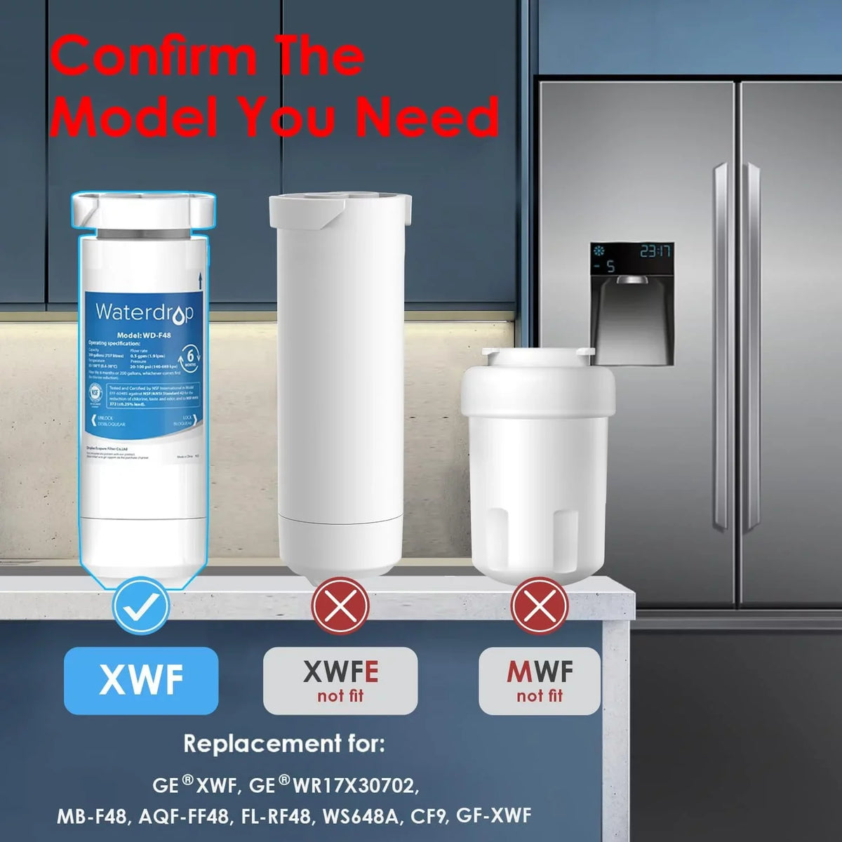 Waterdrop XWF NSF Certified Replacement for GE® XWF Refrigerator aqua Filter, 1 Filter (Package may vary)