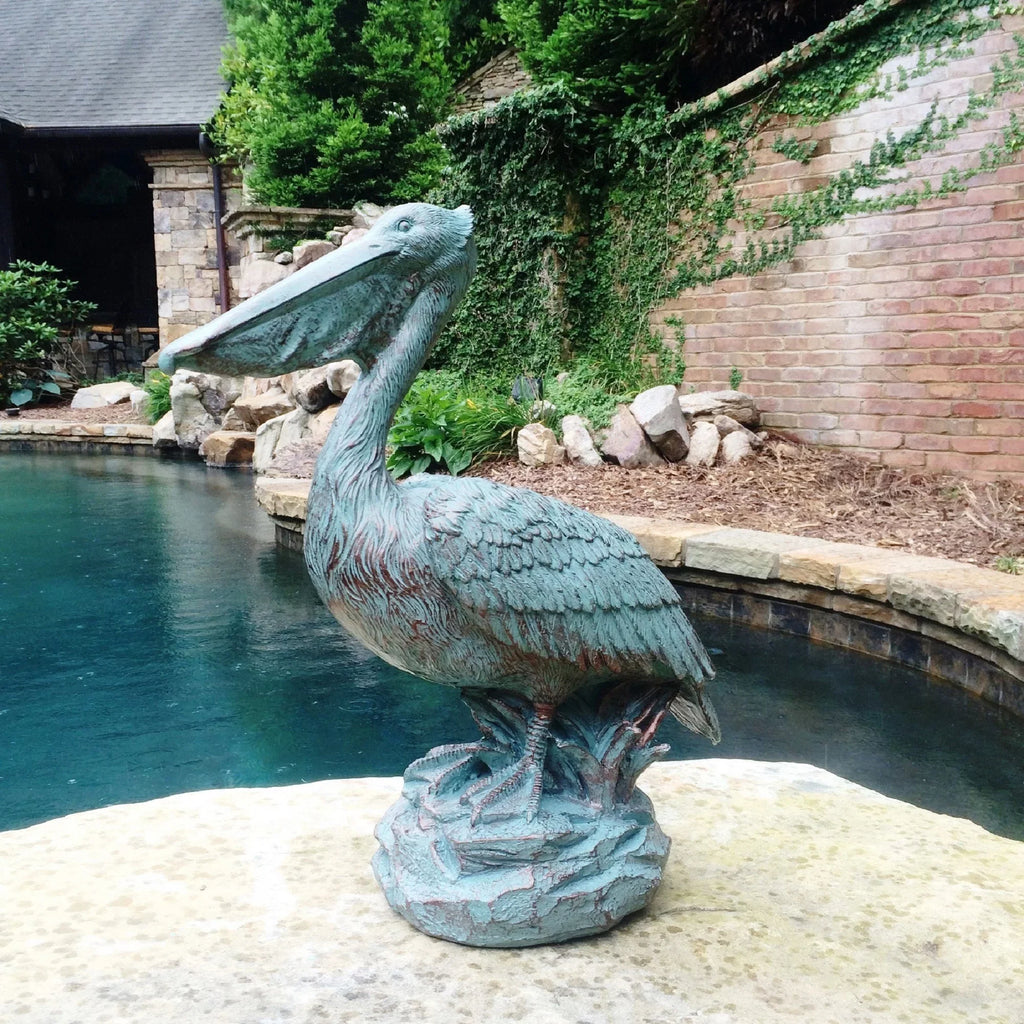 Bronze Patina Pelican on Coastal Rock Nautical Beach Statue. Homestyles 20 in