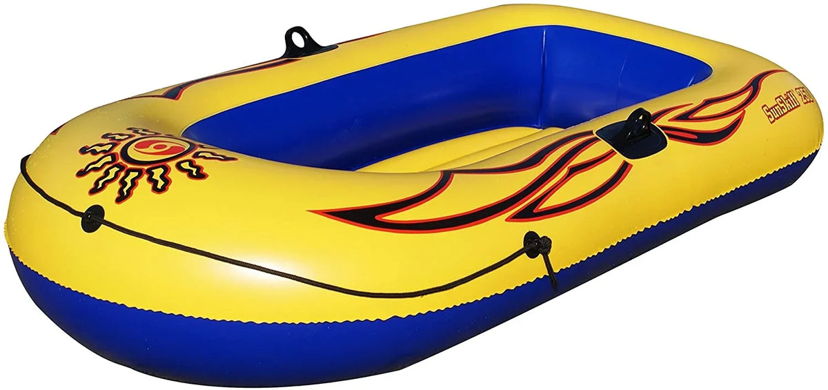 SOLSTICE Inflatable vessel Rafts 2 Person for Adults & Kids Comes W/ Pole Oar Holders Cushioned Comfortable Base Grab Line 6 Ft Size Sunskiff Kits Dinghy Air Floor Yellow