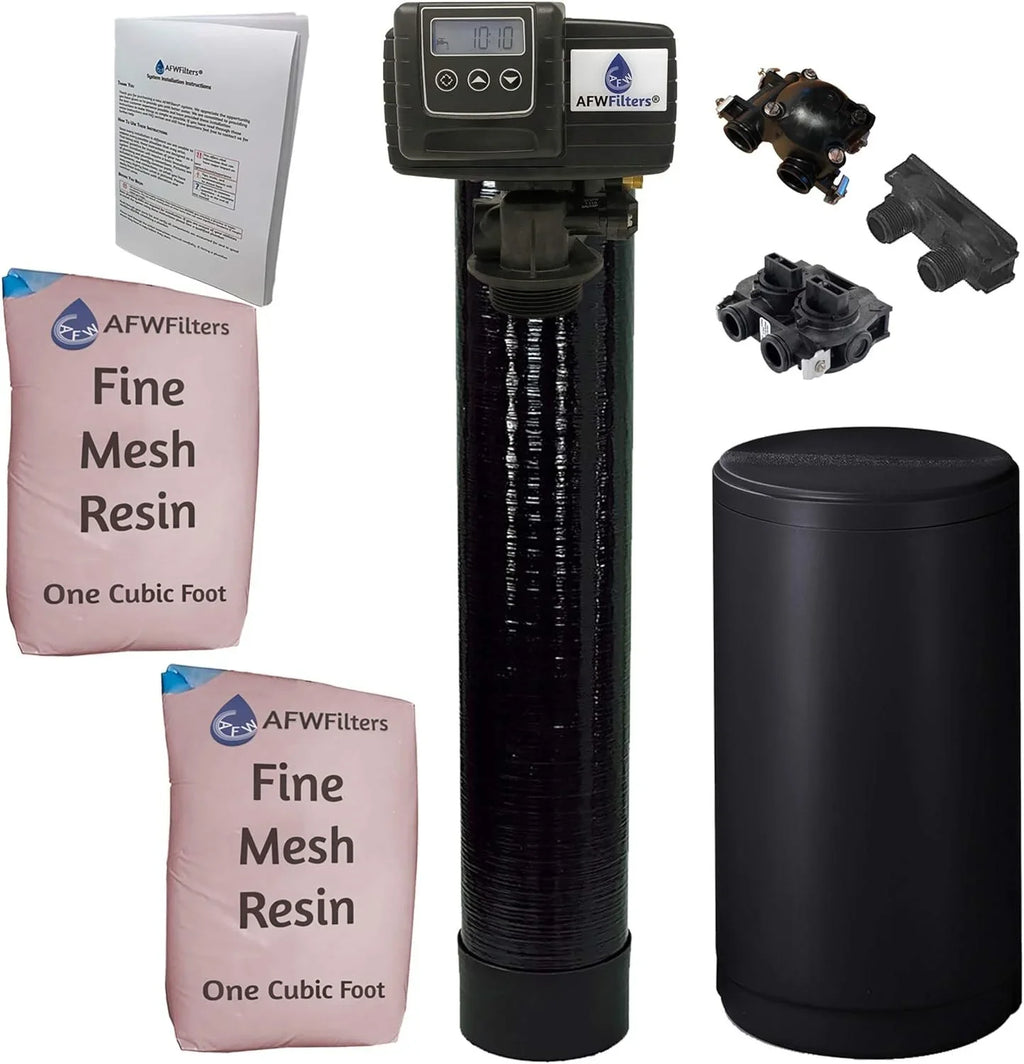 AFWFilters 2 cubic Foot 64k Whole Home Iron Pro moisture Softener with Fine Mesh Resin, 3/4" Plastic MNPT Connection, and Black Tanks