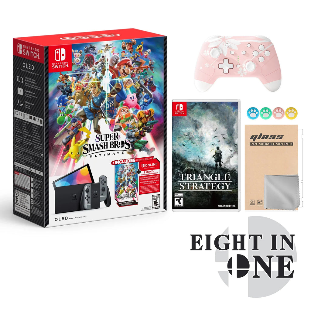 & Membership with Triangle Strategy with Mytrix Wireless Pro Controller Sakura Pink and Accessories. Ultimate Bundle: Gray Console, Super Smash Bros. Nintendo Switch OLED Super Smash Bros