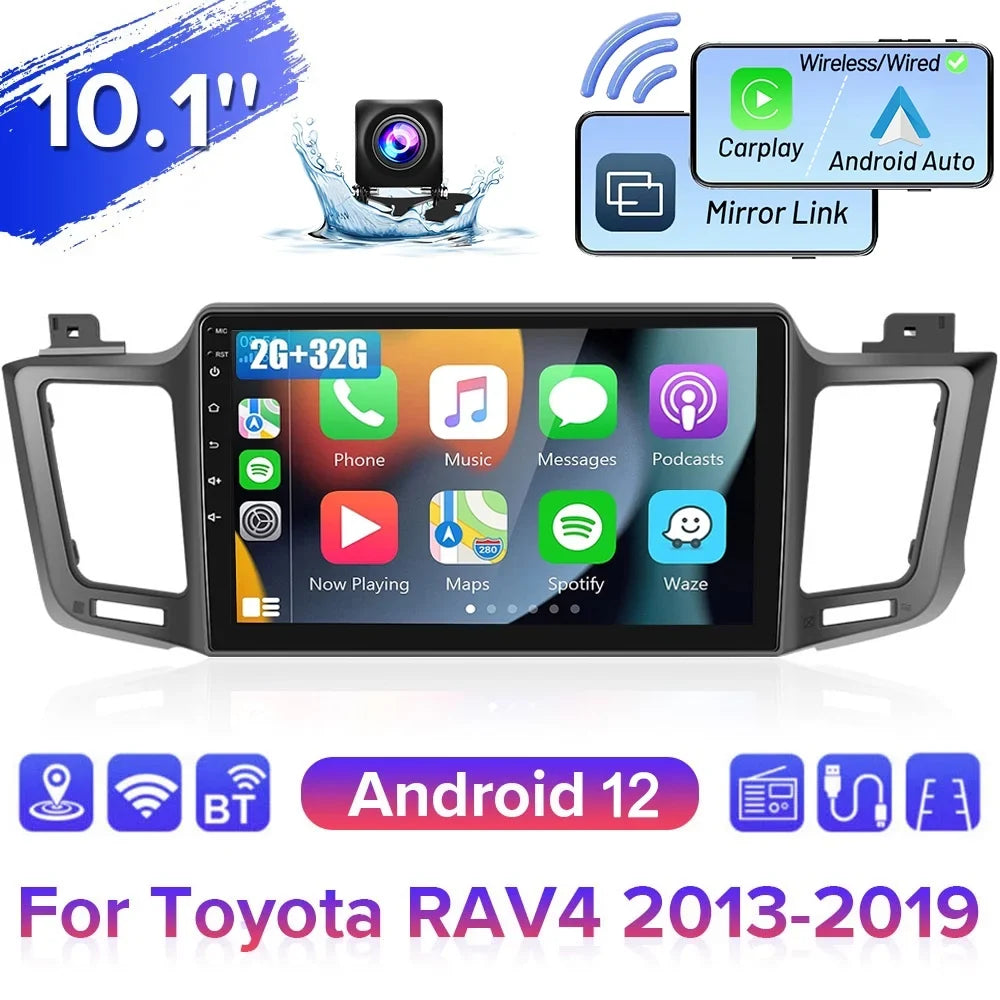 Podofo 2+32G for  RAV4 2013-2019 Wireless Carplay Android Auto Mirror Link 10'' Touchscreen Car Stereo Radio Android 12 HD 1080P WIFI GPS FM Bluetooth, AHD Backup Camera