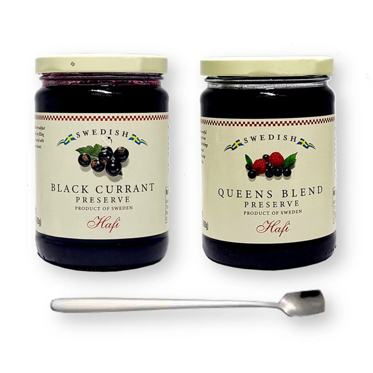 (400 ml) Each with Bonus Stainless Steel Stirring Spoon (3-Pc Set). Combo Pack of Hafi Swedish Black Currant & Swedish Queens Blend Preserves 14.1 Oz