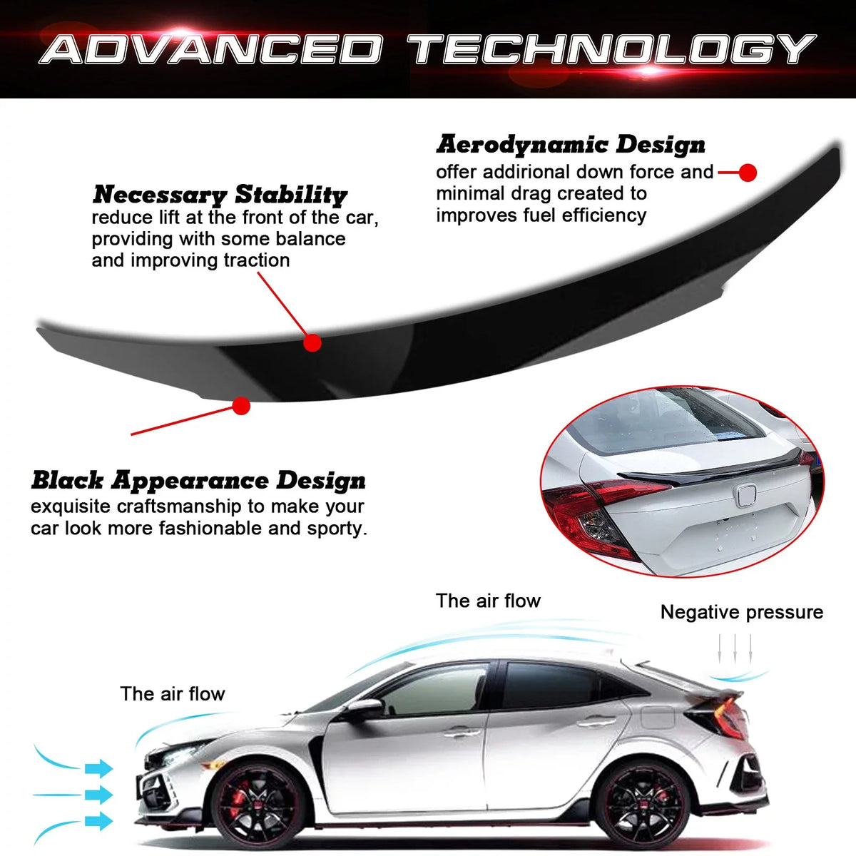 Xotic Tech 4DR JDM Style Glossy Black Rear Trunk Lip Wing Spoiler suitable with Honda Civic 2016-2021 10th Gen